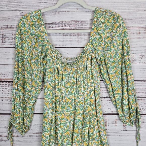 Faithfull The Brand Prairie Dress Sz M Green Yellow Floral Smocked Cottage Fairy - Picture 4 of 12